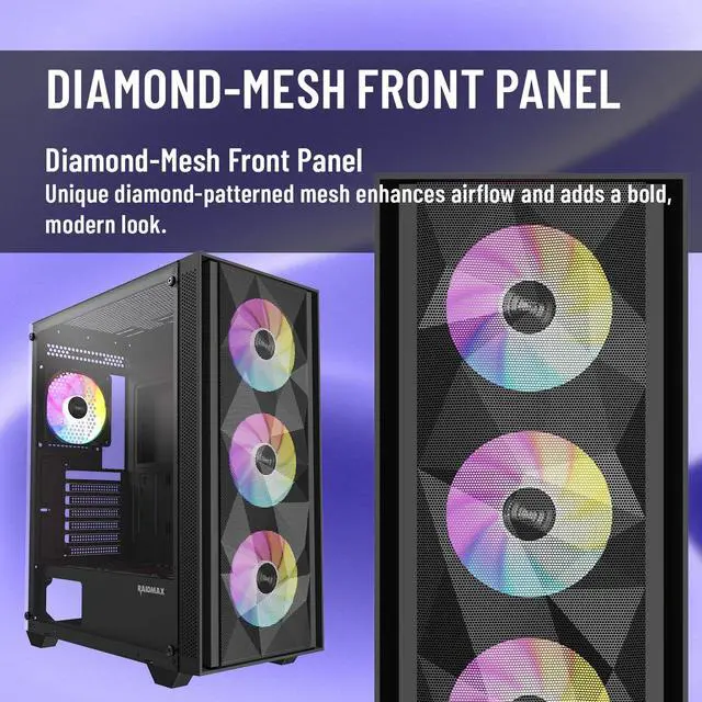Alt view image 3 of 6 - RAIDMAX V217 ATX Mid Tower Mesh Gaming PC Case, High Airflow Front Panel Design, 4x 120mm ARGB Fans Pre-Installed, Tempered Glass Side Panel, Supports 305mm GPU / 240mm Radiator