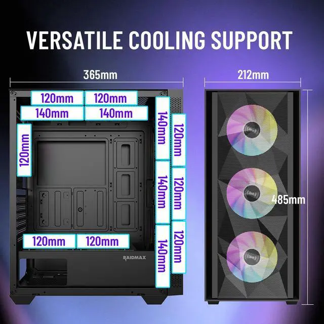 Alt view image 5 of 6 - RAIDMAX V217 ATX Mid Tower Mesh Gaming PC Case, High Airflow Front Panel Design, 4x 120mm ARGB Fans Pre-Installed, Tempered Glass Side Panel, Supports 305mm GPU / 240mm Radiator