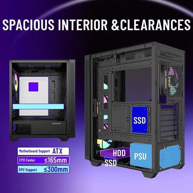 Alt view image 6 of 6 - RAIDMAX V217 ATX Mid Tower Mesh Gaming PC Case, High Airflow Front Panel Design, 4x 120mm ARGB Fans Pre-Installed, Tempered Glass Side Panel, Supports 305mm GPU / 240mm Radiator