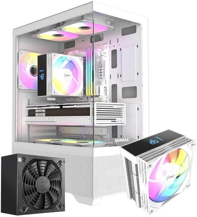Main image of RAIDMAX i802 ATX Mid Tower Gaming PC Case Bundle, Includes 5 Fixed RGB Fans, 700W 80+ Power Supply & 120mm ARGB CPU Air Cooler, Tempered Glass Side Panel, Supports 400mm GPU / LGA1700 / AM5
