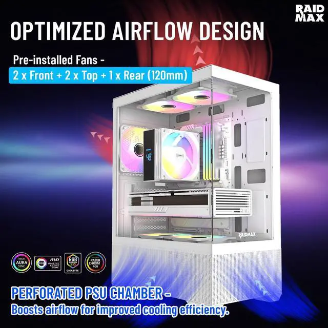 Alt view image 2 of 6 - RAIDMAX i802 ATX Mid Tower Gaming PC Case Bundle, Includes 5 Fixed RGB Fans, 700W 80+ Power Supply & 120mm ARGB CPU Air Cooler, Tempered Glass Side Panel, Supports 400mm GPU / LGA1700 / AM5