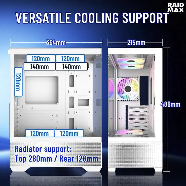 Alt view image 6 of 6 - RAIDMAX i802 ATX Mid Tower Gaming PC Case Bundle, Includes 5 Fixed RGB Fans, 700W 80+ Power Supply & 120mm ARGB CPU Air Cooler, Tempered Glass Side Panel, Supports 400mm GPU / LGA1700 / AM5