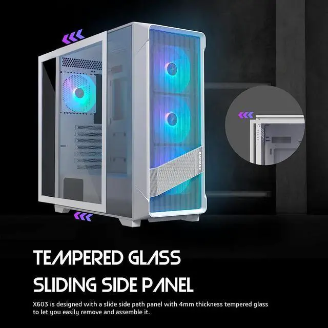 Alt view image 3 of 7 - Raidmax MESHIAN X603 ATX Desktop Computer Gaming PC Case Mid Tower PC Case pre-Install x 4 ARGB Fans ATX PC Case USB 3.0 Tempered Glass PC Case Mesh Window Computer Case (White)