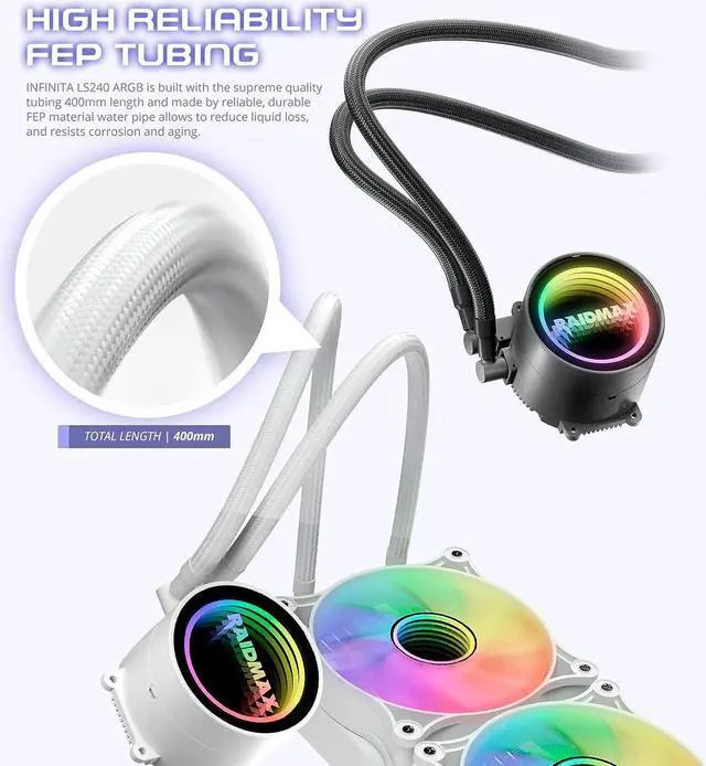 Alt view image 5 of 7 - Raidmax Infinita LS240 AIO Water Cooling System, 240mm Gaming PC CPU Water Cooler with ARGB/RGB Light, PWM, Compatible with Intel i5, i7, i9 and AMD ryzen CPU Socket (White)