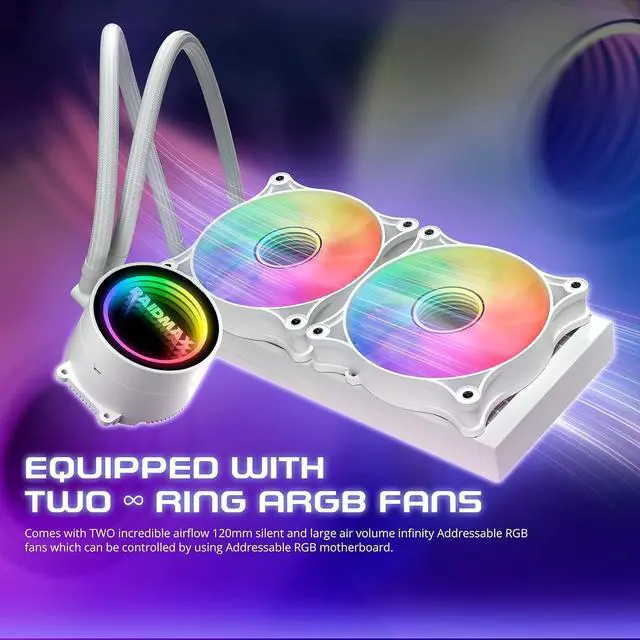 Alt view image 4 of 7 - Raidmax Infinita LS240 AIO Water Cooling System, 240mm Gaming PC CPU Water Cooler with ARGB/RGB Light, PWM, Compatible with Intel i5, i7, i9 and AMD ryzen CPU Socket (White)