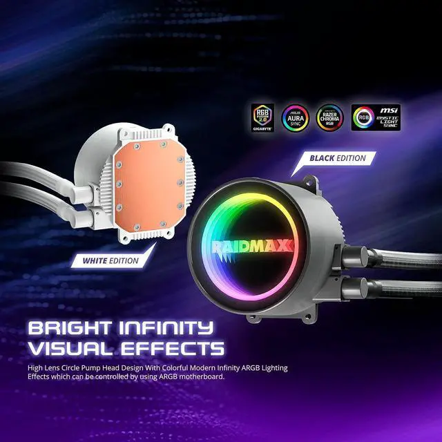 Alt view image 3 of 7 - Raidmax Infinita LS240 AIO Water Cooling System, 240mm Gaming PC CPU Water Cooler with ARGB/RGB Light, PWM, Compatible with Intel i5, i7, i9 and AMD ryzen CPU Socket (White)