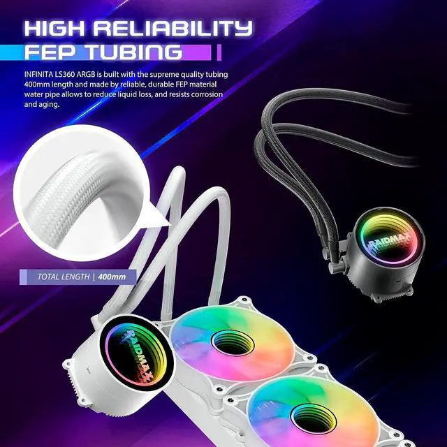 Alt view image 5 of 7 - Raidmax Infinita LS360 AIO Water Cooling System, 360mm Gaming PC CPU Water Cooler with 3 ARGB/RGB PWM Light Fans, Compatible with Intel i5, i7, i9 and AMD ryzen CPU Socket (Black)