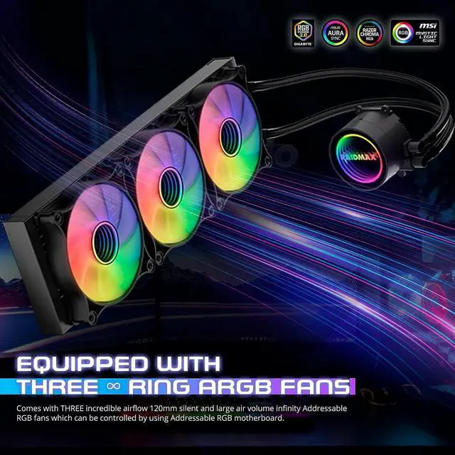 Alt view image 4 of 7 - Raidmax Infinita LS360 AIO Water Cooling System, 360mm Gaming PC CPU Water Cooler with 3 ARGB/RGB PWM Light Fans, Compatible with Intel i5, i7, i9 and AMD ryzen CPU Socket (Black)
