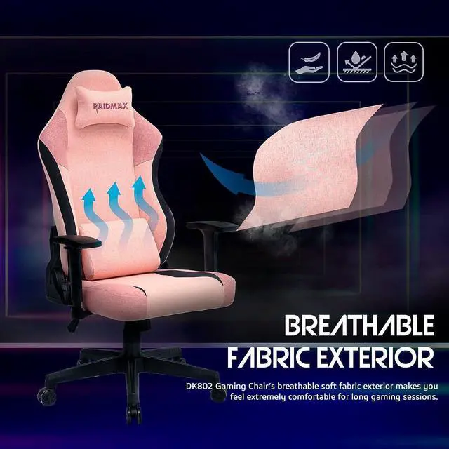 Alt view image 2 of 6 - Raidmax DK802 Series Computer-Gaming-Chairs, Soft Breathable Fabric All Day Gaming Chair, Heavy Duty Gas Lift and Metal Base, Magnetic Head Pillow, Lumbar Support Pillow (Pink)