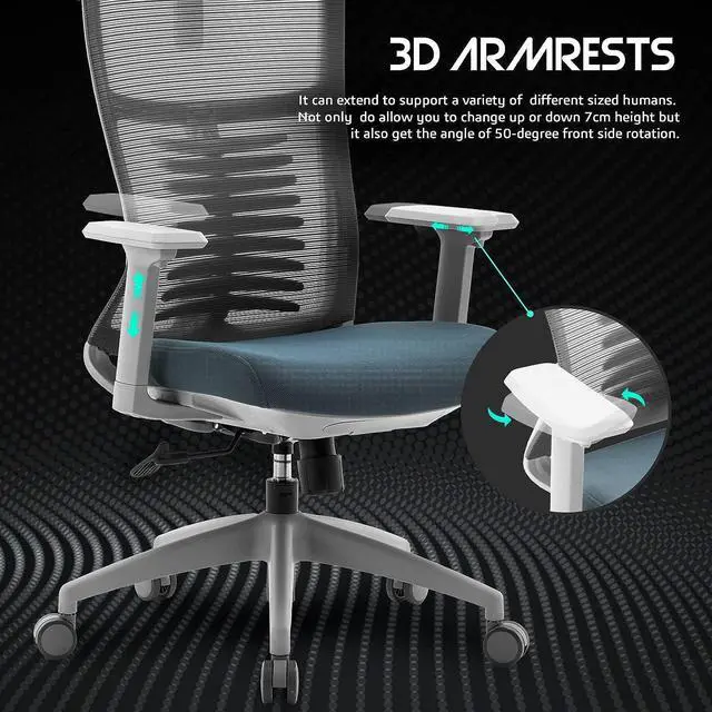 Alt view image 3 of 7 - Raidmax Ergonomic Mesh Office Chair, High Back Desk Chair - Adjustable Headrest with 3D Adjustable Armrest, Tilt Function, Lumbar Support and PU Wheels, Swivel Computer Task Chair Black