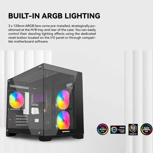 Alt view image 3 of 6 - Raidmax Infinita i600 Micro ATX Cube Tower Computer Case with 3 ARGB Fans, Tempered Glass Front and Side Panel and Supports up to 360mm Water Cooling, Micro ATX, USB 3.0- Black