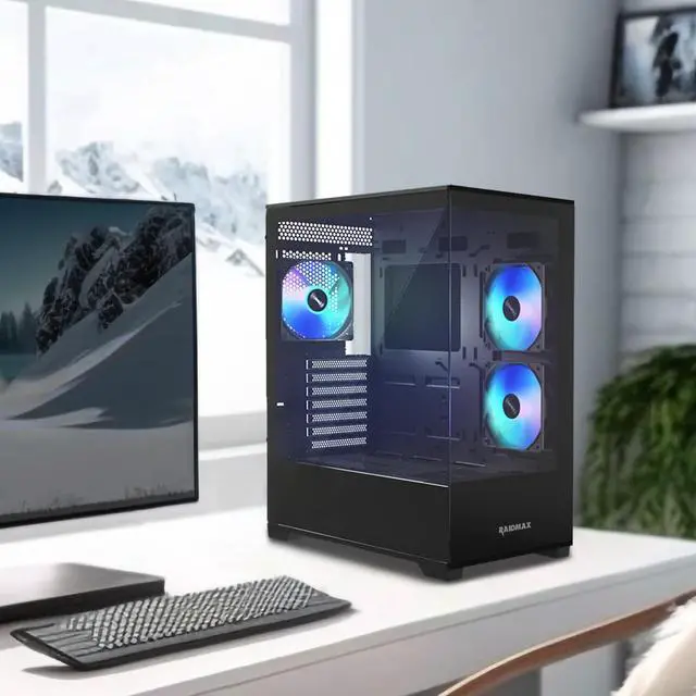 Alt view image 5 of 6 - Raidmax Infinita i801 Tempered Glass Aqua View Case - Corner Structure-Free Panoramic Design, 3 ARGB Fans included, and Support for 360mm Water Cooler and 400mm GPU (Black)