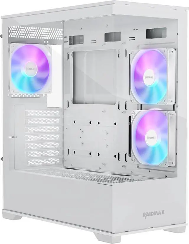 Main image of Raidmax Infinita i801 Tempered Glass Aqua View Case - Corner Structure-Free Panoramic Design, 3 ARGB Fans included, and Support for 360mm Water Cooler and 400mm GPU (White)
