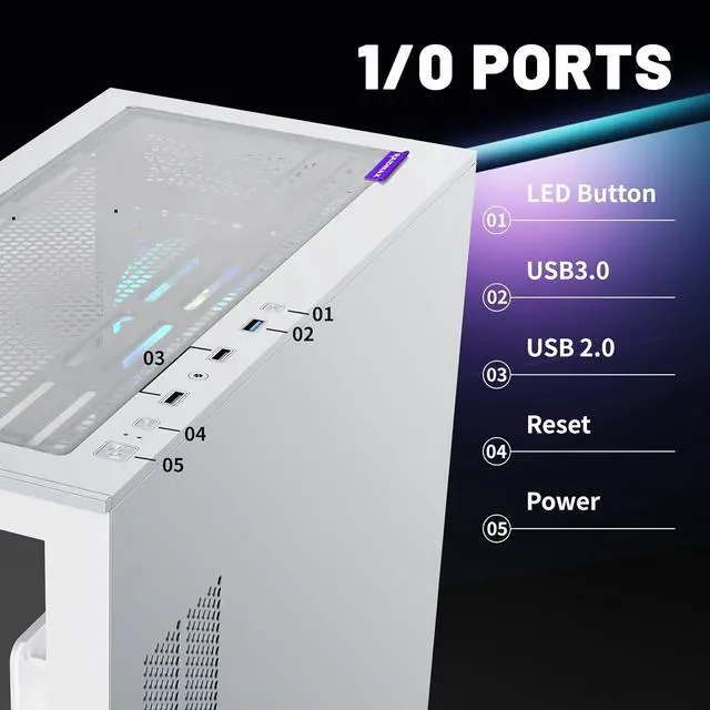 Alt view image 5 of 8 - Raidmax Infinita i801 Tempered Glass Aqua View Case - Corner Structure-Free Panoramic Design, 3 ARGB Fans included, and Support for 360mm Water Cooler and 400mm GPU (White)