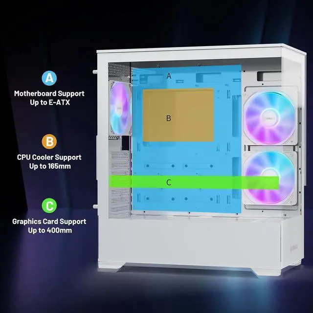 Alt view image 7 of 8 - Raidmax Infinita i801 Tempered Glass Aqua View Case - Corner Structure-Free Panoramic Design, 3 ARGB Fans included, and Support for 360mm Water Cooler and 400mm GPU (White)
