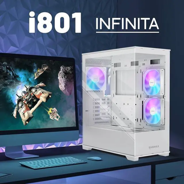 Alt view image 4 of 8 - Raidmax Infinita i801 Tempered Glass Aqua View Case - Corner Structure-Free Panoramic Design, 3 ARGB Fans included, and Support for 360mm Water Cooler and 400mm GPU (White)