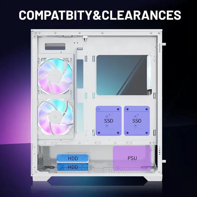 Alt view image 8 of 8 - Raidmax Infinita i801 Tempered Glass Aqua View Case - Corner Structure-Free Panoramic Design, 3 ARGB Fans included, and Support for 360mm Water Cooler and 400mm GPU (White)