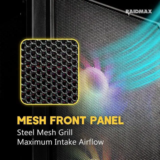 Alt view image 2 of 6 - Raidmax Vector V212 Gaming Chassis - Pre-Installed 4X Static RGB Color Fans, Supports 240mm Water Cooler, Tempered Glass, Mesh Grill Front, Fits 310mm GPU & 175mm Height Air Cooler (Black)