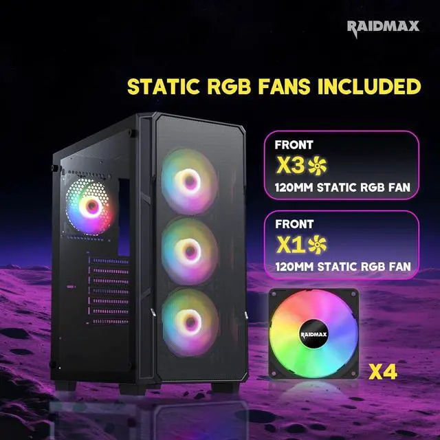 Alt view image 3 of 6 - Raidmax Vector V212 Gaming Chassis - Pre-Installed 4X Static RGB Color Fans, Supports 240mm Water Cooler, Tempered Glass, Mesh Grill Front, Fits 310mm GPU & 175mm Height Air Cooler (Black)
