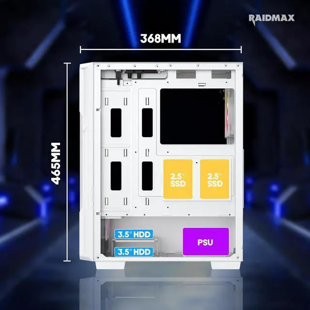 Alt view image 6 of 6 - Raidmax Vector V212 Gaming Chassis - Pre-Installed 4X Static RGB Color Fans, Supports 240mm Water Cooler, Full Size Tempered Glass, Mesh Front, Fits 310mm GPU & 175mm Height Air Cooler (White)