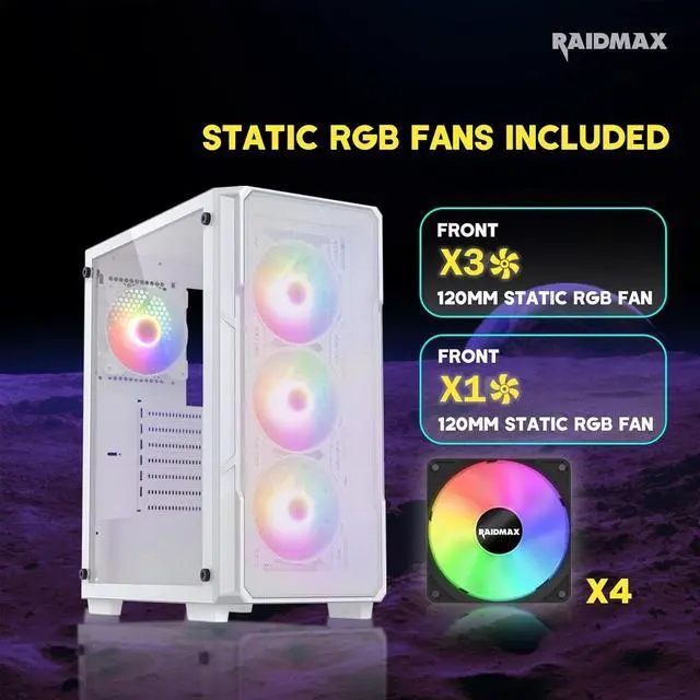 Alt view image 3 of 6 - Raidmax Vector V212 Gaming Chassis - Pre-Installed 4X Static RGB Color Fans, Supports 240mm Water Cooler, Full Size Tempered Glass, Mesh Front, Fits 310mm GPU & 175mm Height Air Cooler (White)