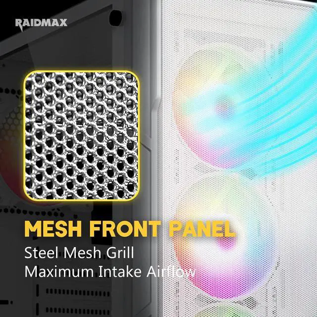 Alt view image 2 of 6 - Raidmax Vector V212 Gaming Chassis - Pre-Installed 4X Static RGB Color Fans, Supports 240mm Water Cooler, Full Size Tempered Glass, Mesh Front, Fits 310mm GPU & 175mm Height Air Cooler (White)