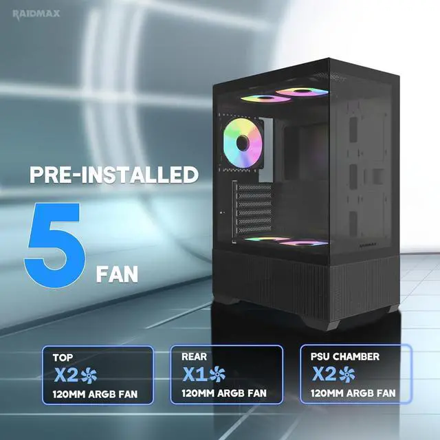 Alt view image 2 of 6 - Raidmax I802ABS Compact Panoramic ATX Mid Tower Case  270° View Tempered Glass, 5X Pre-Installed Static RGB Fans, Supports ATX/Micro-ATX Motherboards, Max 340mm GPU