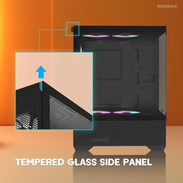 Alt view image 4 of 6 - Raidmax I802ABS Compact Panoramic ATX Mid Tower Case  270° View Tempered Glass, 5X Pre-Installed Static RGB Fans, Supports ATX/Micro-ATX Motherboards, Max 340mm GPU