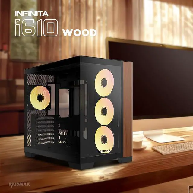 Alt view image 7 of 6 - Raidmax Infinita Series I610WBF Dual Chamber ATX Case, 1x 120mm ARGB Fan, 1x 360mm ARGB 3-in-1 Fan, Wood Panel, 270° Tempered Glass, Supports Up to 400mm GPU