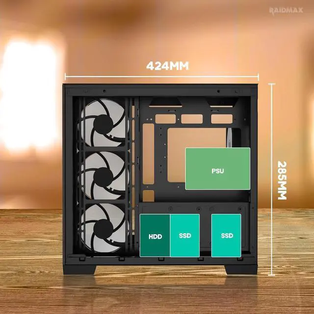 Alt view image 6 of 6 - Raidmax Infinita Series I610WBF Dual Chamber ATX Case, 1x 120mm ARGB Fan, 1x 360mm ARGB 3-in-1 Fan, Wood Panel, 270° Tempered Glass, Supports Up to 400mm GPU