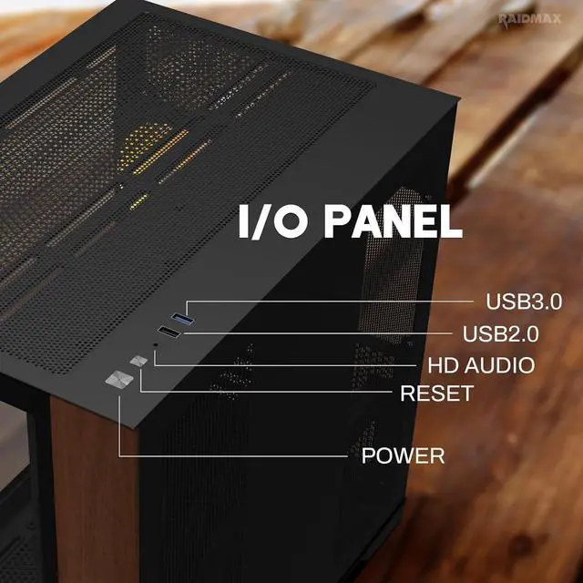 Alt view image 4 of 6 - Raidmax Infinita Series I610WBF Dual Chamber ATX Case, 1x 120mm ARGB Fan, 1x 360mm ARGB 3-in-1 Fan, Wood Panel, 270° Tempered Glass, Supports Up to 400mm GPU