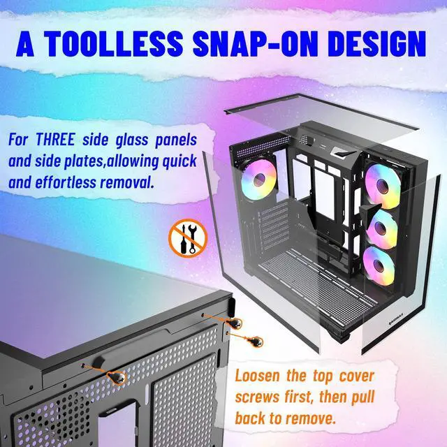 Alt view image 3 of 6 - Raidmax I620 Tri-Glasses Panoramic Gaming PC Case, Dual-Chamber Design, 4 x 120mm ARGB Fans Pre-Installed, Supports 240/360mm Liquid Cooler, Back-Connect Motherboard Compatible