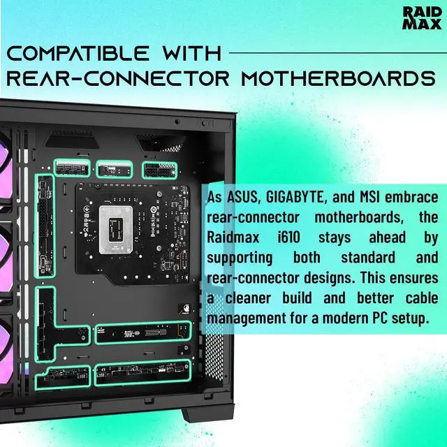 Alt view image 6 of 7 - Raidmax I610 Black Chrome Panoramic Gaming Case, ATX Dual-Chamber, Tempered Glass, 700W 80+ Gold PSU Pre-Installed, 4x120mmARGB Fans and 360mm Liquid Cooler,Support RTX 50 Series GPU