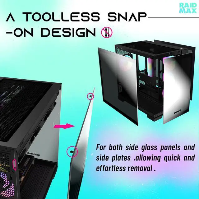 Alt view image 5 of 7 - Raidmax I610 Black Chrome Panoramic Gaming Case, ATX Dual-Chamber, Tempered Glass, 700W 80+ Gold PSU Pre-Installed, 4x120mmARGB Fans and 360mm Liquid Cooler,Support RTX 50 Series GPU