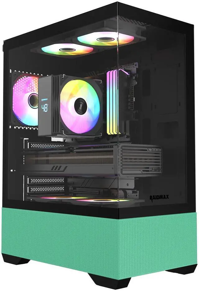 Main image of RAIDMAX i802 VIBE Green Compact ATX Gaming PC Case, 5x Fixed RGB Fans Pre-Installed, Panoramic Tempered Glass, High Airflow Mid Tower Chassis, Supports 400mm GPU & 240mm Radiator