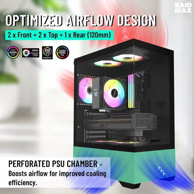 Alt view image 2 of 5 - RAIDMAX i802 VIBE Green Compact ATX Gaming PC Case, 5x Fixed RGB Fans Pre-Installed, Panoramic Tempered Glass, High Airflow Mid Tower Chassis, Supports 400mm GPU & 240mm Radiator