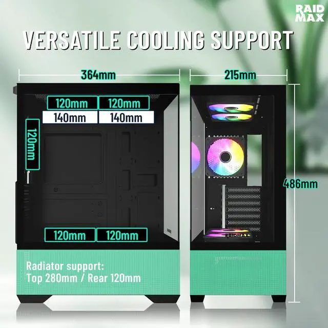 Alt view image 3 of 5 - RAIDMAX i802 VIBE Green Compact ATX Gaming PC Case, 5x Fixed RGB Fans Pre-Installed, Panoramic Tempered Glass, High Airflow Mid Tower Chassis, Supports 400mm GPU & 240mm Radiator