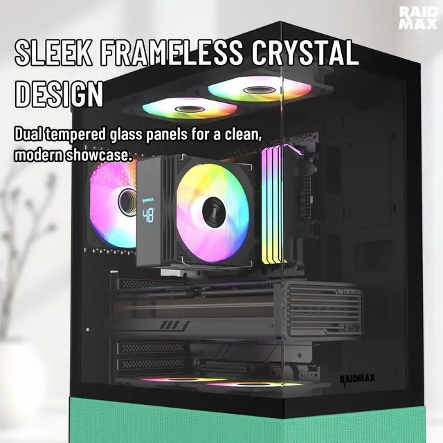 Alt view image 4 of 5 - RAIDMAX i802 VIBE Green Compact ATX Gaming PC Case, 5x Fixed RGB Fans Pre-Installed, Panoramic Tempered Glass, High Airflow Mid Tower Chassis, Supports 400mm GPU & 240mm Radiator