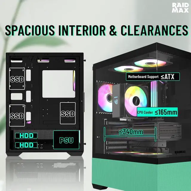 Alt view image 5 of 5 - RAIDMAX i802 VIBE Green Compact ATX Gaming PC Case, 5x Fixed RGB Fans Pre-Installed, Panoramic Tempered Glass, High Airflow Mid Tower Chassis, Supports 400mm GPU & 240mm Radiator