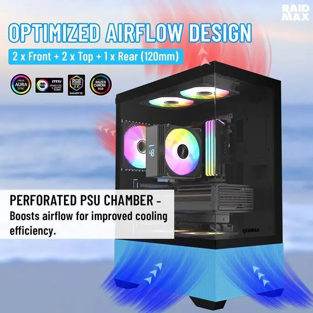 Alt view image 2 of 5 - RAIDMAX i802 VIBE Blue Compact ATX Gaming PC Case, 5x Fixed RGB Fans Pre-Installed, Panoramic Tempered Glass, High Airflow Mid Tower Chassis, Supports 400mm GPU & 240mm Radiator