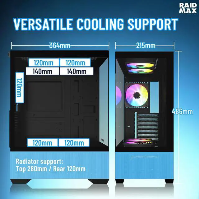 Alt view image 3 of 5 - RAIDMAX i802 VIBE Blue Compact ATX Gaming PC Case, 5x Fixed RGB Fans Pre-Installed, Panoramic Tempered Glass, High Airflow Mid Tower Chassis, Supports 400mm GPU & 240mm Radiator