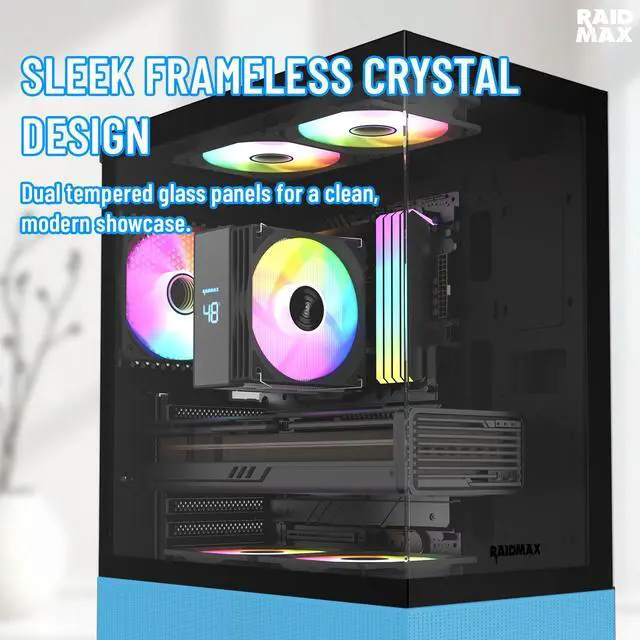 Alt view image 4 of 5 - RAIDMAX i802 VIBE Blue Compact ATX Gaming PC Case, 5x Fixed RGB Fans Pre-Installed, Panoramic Tempered Glass, High Airflow Mid Tower Chassis, Supports 400mm GPU & 240mm Radiator