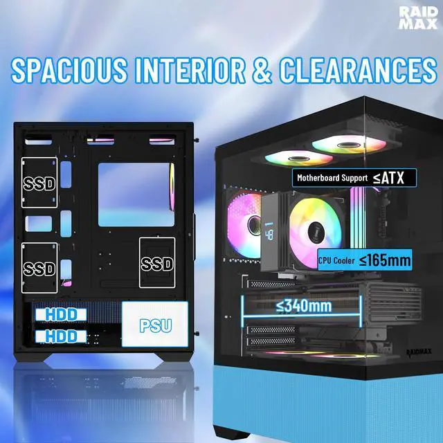 Alt view image 5 of 5 - RAIDMAX i802 VIBE Blue Compact ATX Gaming PC Case, 5x Fixed RGB Fans Pre-Installed, Panoramic Tempered Glass, High Airflow Mid Tower Chassis, Supports 400mm GPU & 240mm Radiator