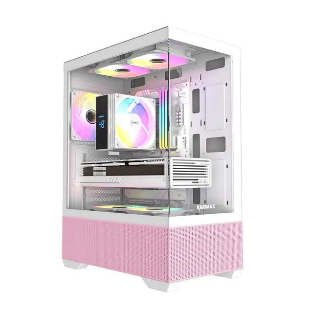 Main image of RAIDMAX i802 VIBE Pink Compact ATX Gaming PC Case, 5x Fixed RGB Fans Pre-Installed, Panoramic Tempered Glass, High Airflow Mid Tower Chassis, Supports 400mm GPU & 240mm Radiator