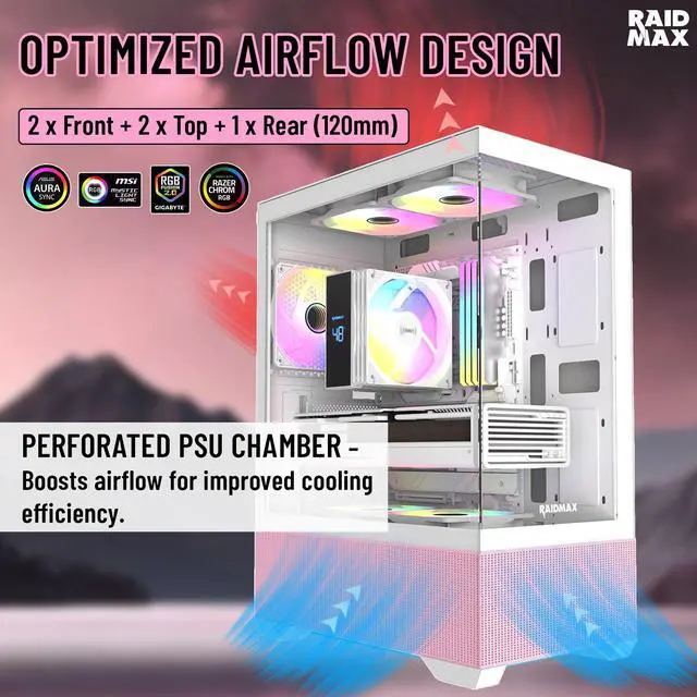 Alt view image 2 of 5 - RAIDMAX i802 VIBE Pink Compact ATX Gaming PC Case, 5x Fixed RGB Fans Pre-Installed, Panoramic Tempered Glass, High Airflow Mid Tower Chassis, Supports 400mm GPU & 240mm Radiator