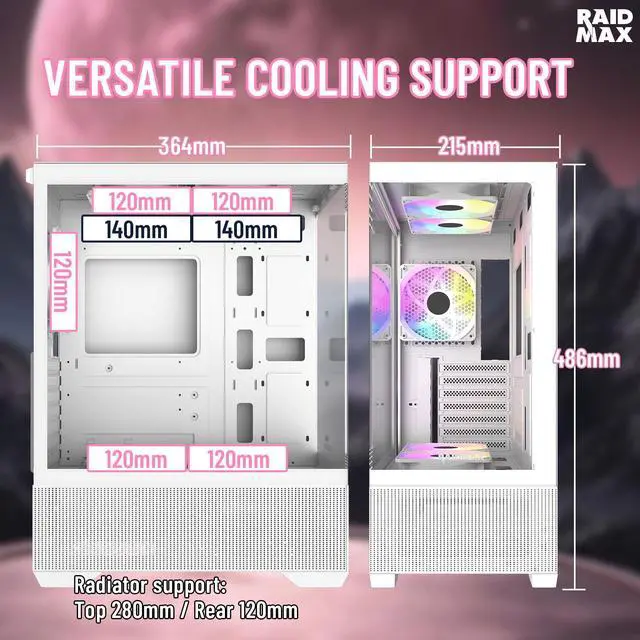 Alt view image 3 of 5 - RAIDMAX i802 VIBE Pink Compact ATX Gaming PC Case, 5x Fixed RGB Fans Pre-Installed, Panoramic Tempered Glass, High Airflow Mid Tower Chassis, Supports 400mm GPU & 240mm Radiator