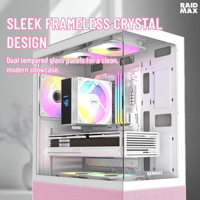 Alt view image 4 of 5 - RAIDMAX i802 VIBE Pink Compact ATX Gaming PC Case, 5x Fixed RGB Fans Pre-Installed, Panoramic Tempered Glass, High Airflow Mid Tower Chassis, Supports 400mm GPU & 240mm Radiator