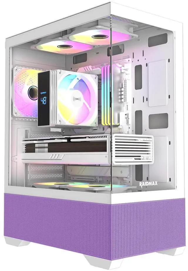 Main image of RAIDMAX i802 VIBE Purple Compact ATX Gaming PC Case, 5x Fixed RGB Fans Pre-Installed, Panoramic Tempered Glass, High Airflow Mid Tower Chassis, Supports 400mm GPU & 240mm Radiator