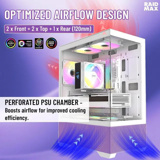 Alt view image 2 of 5 - RAIDMAX i802 VIBE Purple Compact ATX Gaming PC Case, 5x Fixed RGB Fans Pre-Installed, Panoramic Tempered Glass, High Airflow Mid Tower Chassis, Supports 400mm GPU & 240mm Radiator
