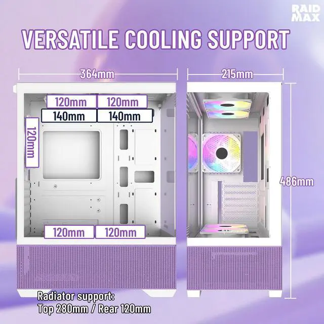 Alt view image 3 of 5 - RAIDMAX i802 VIBE Purple Compact ATX Gaming PC Case, 5x Fixed RGB Fans Pre-Installed, Panoramic Tempered Glass, High Airflow Mid Tower Chassis, Supports 400mm GPU & 240mm Radiator